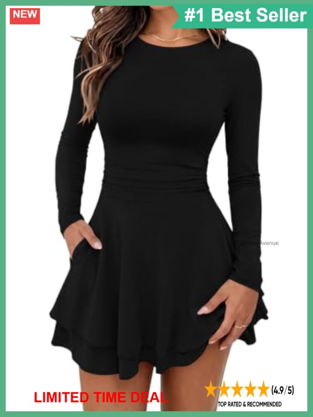Women's Long Sleeve Mini Dress Crew Neck Flowy Hem Ruched Waist Club Party